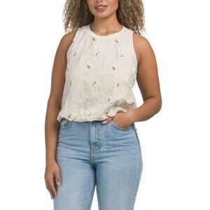 CIEBON Cream Linen Blend Denisa Embroidered Tank Bubble Top With Sequin Detail